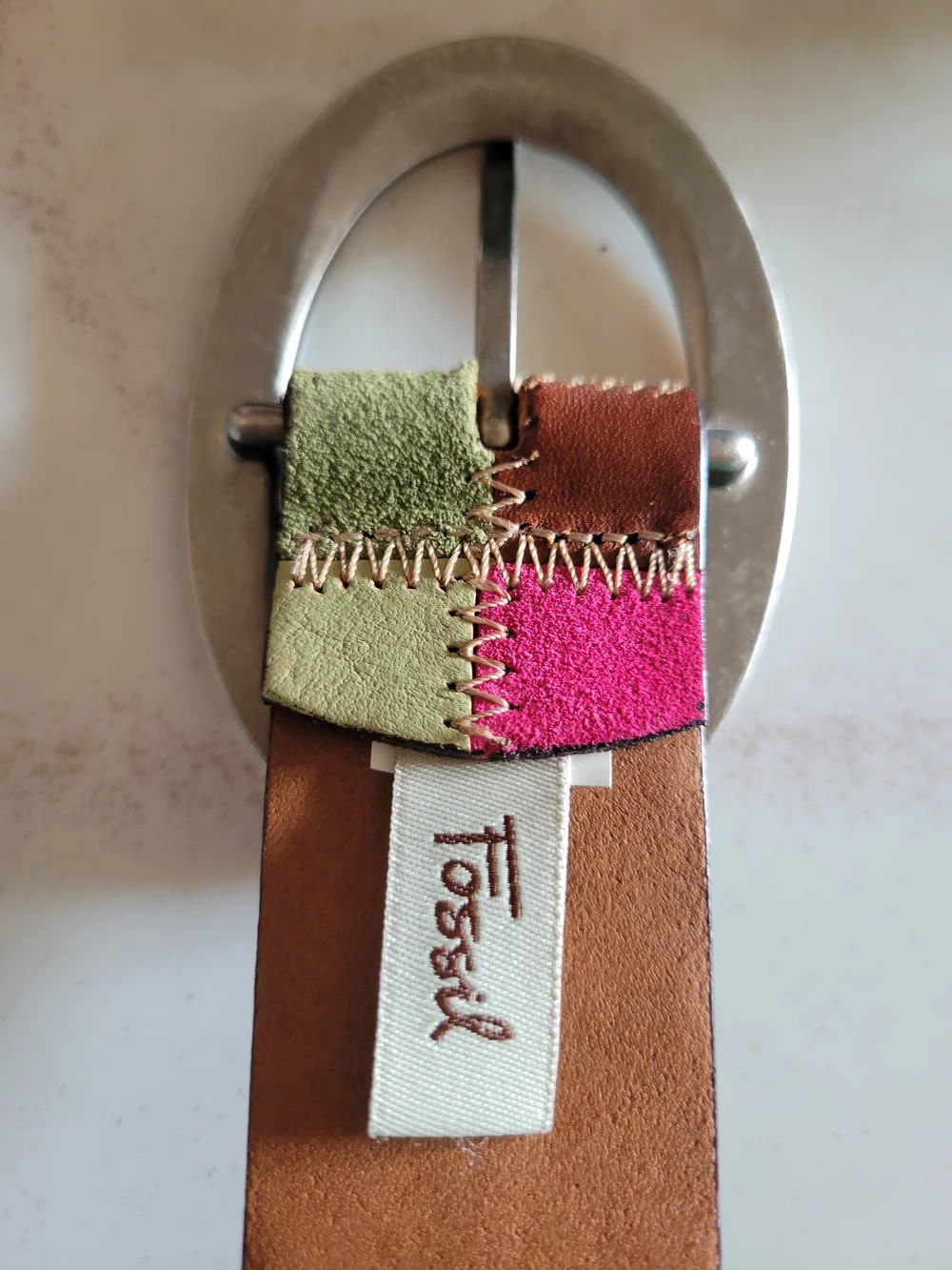 Fossil Multicolor Pink Green Yellow Mosaic Ribbon Hook 33 inches
